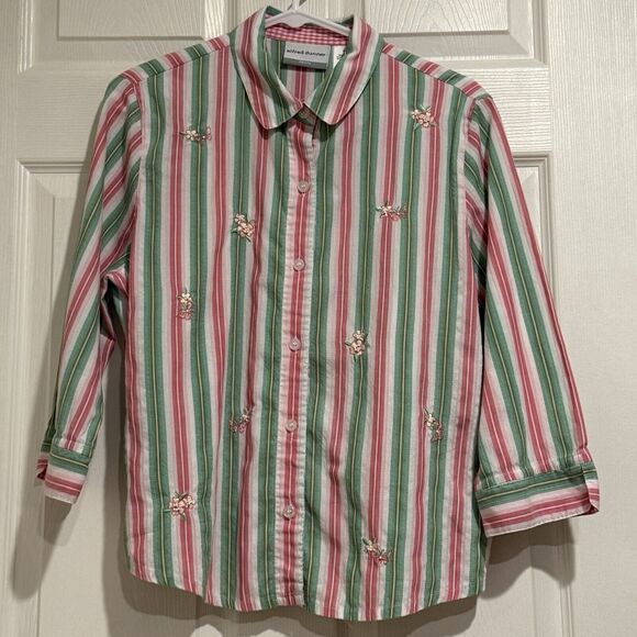 Alfred Dunner Long Sleeve Blouse Top Green Pink Stripe Flowers Size 12 Petite - Picture 1 of 5